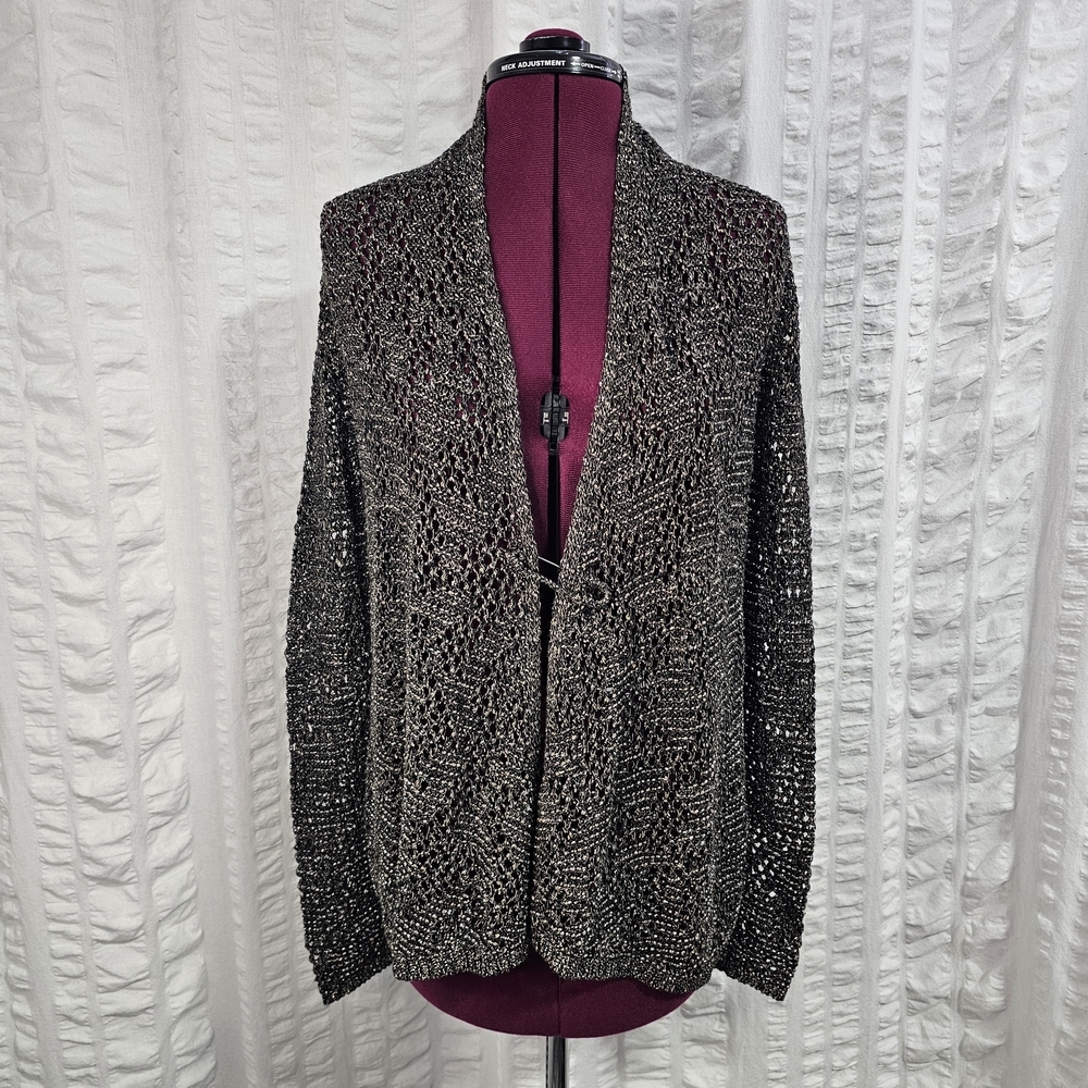 Eileen Fisher Cotton Linen Blend Open-Front Metallic Open Knit Cardigan Pin Clip